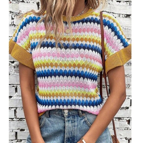 09 Boho Color Block Ruffle Short Sleeve Top - Picture 1 of 3